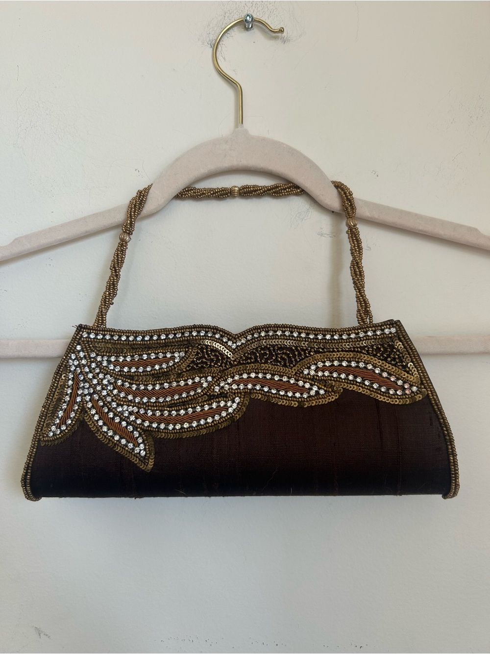 Embellished Evening Clutch Bag in Dark Brown with Gold Beading